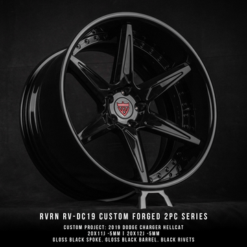 RV-DC19 custom forged 2-piece wheel for Dodge Charger Hellcat with gloss black spoke, black barrel, black rivets, 20inch staggered rims